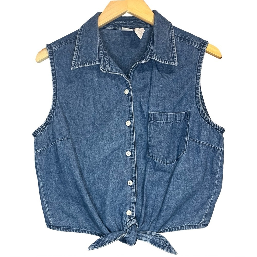 VTG Cherokee Denim Sleeveless Button-Up Top With Tie Detail